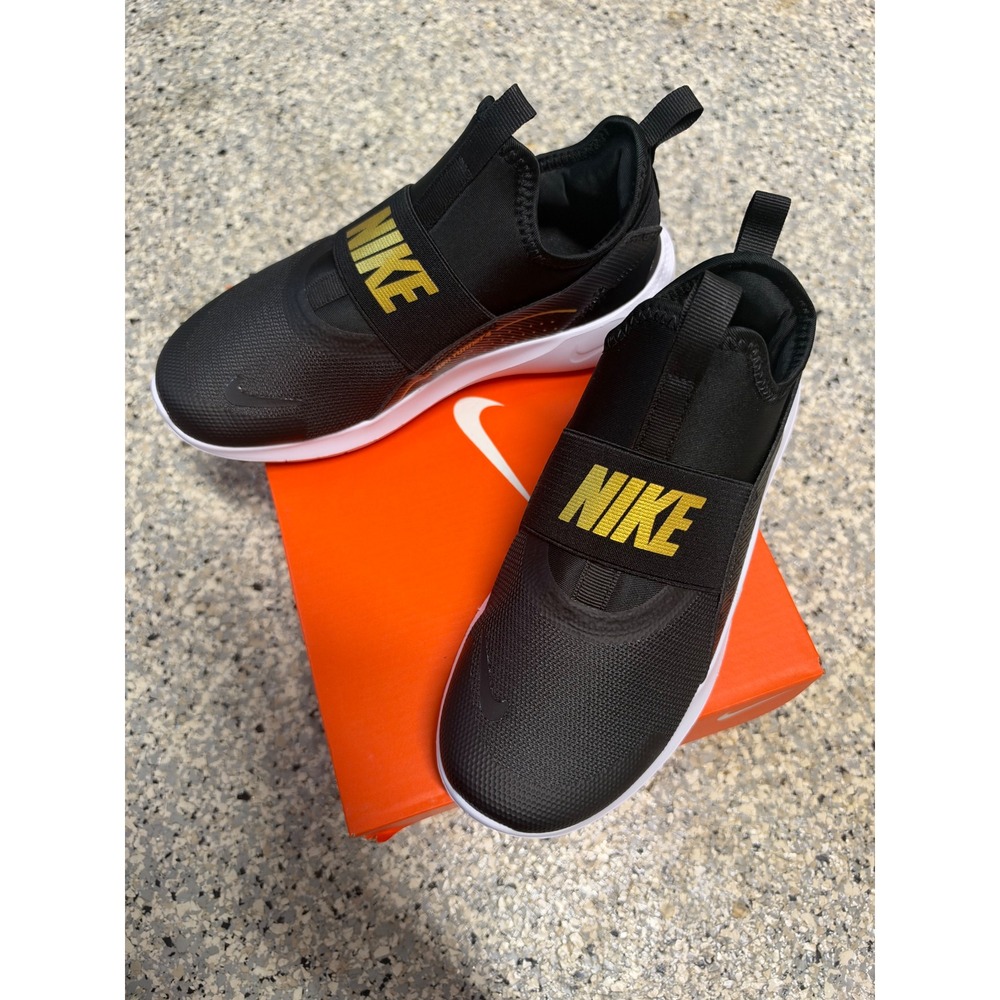 New Nike Flex Runner 4 PS Kids Slip On Sneakers Black Metallic Gold size 3Y